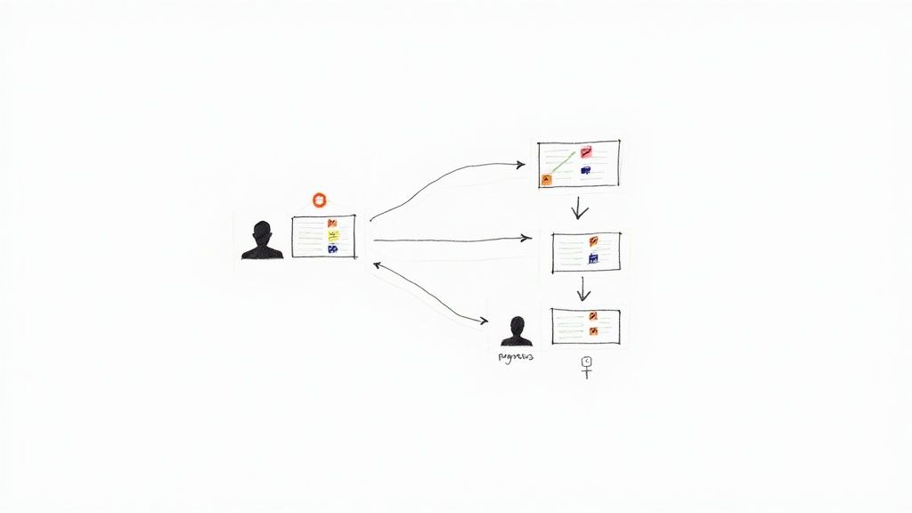 Hand-drawn workflow diagram showing a business process with user interaction and sequential document stages.