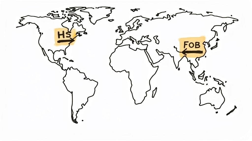 Hand-drawn world map illustrating international trade terms: HS in North America and FOB in Asia.