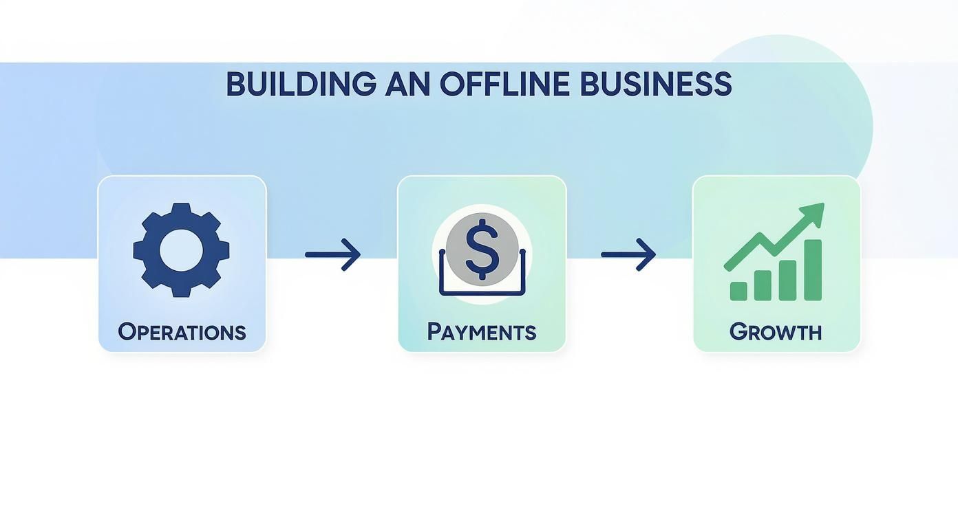 Flowchart illustrating the steps for building an offline business: Operations, Payments, and Growth.