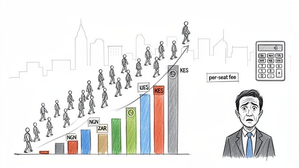 Graph showing rising per-seat fees with people, currency symbols, and a worried businessman.