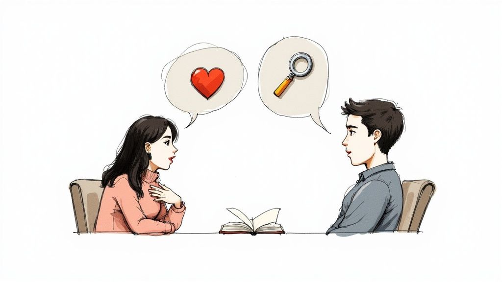 A sales consultant actively listening to a client in a bright, modern office setting.