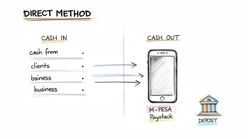 Diagram showing direct method cash flow: cash in from clients and business to M-PESA Paystack, then cash out to deposit.