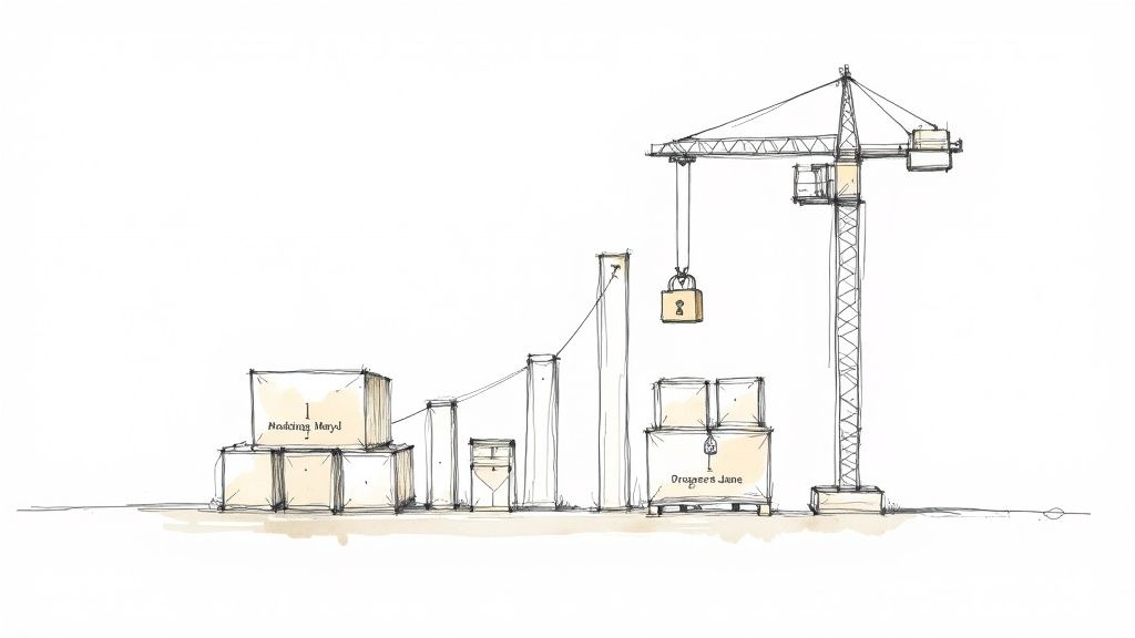 Construction site sketch showing tower crane moving cargo boxes between stacked containers and equipment