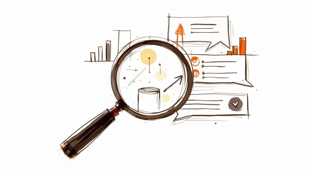 A diverse team collaborates around a table, analysing charts and customer feedback data on a large screen.