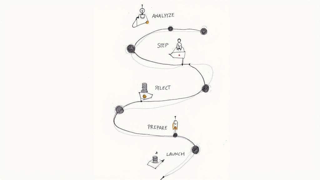 A hand-drawn diagram illustrating a five-step workflow process: analyze, step, select, prepare, and launch.