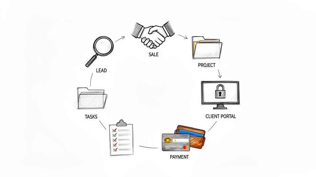 Circular business process diagram showing lead, sale, project, client portal, payment, and tasks.