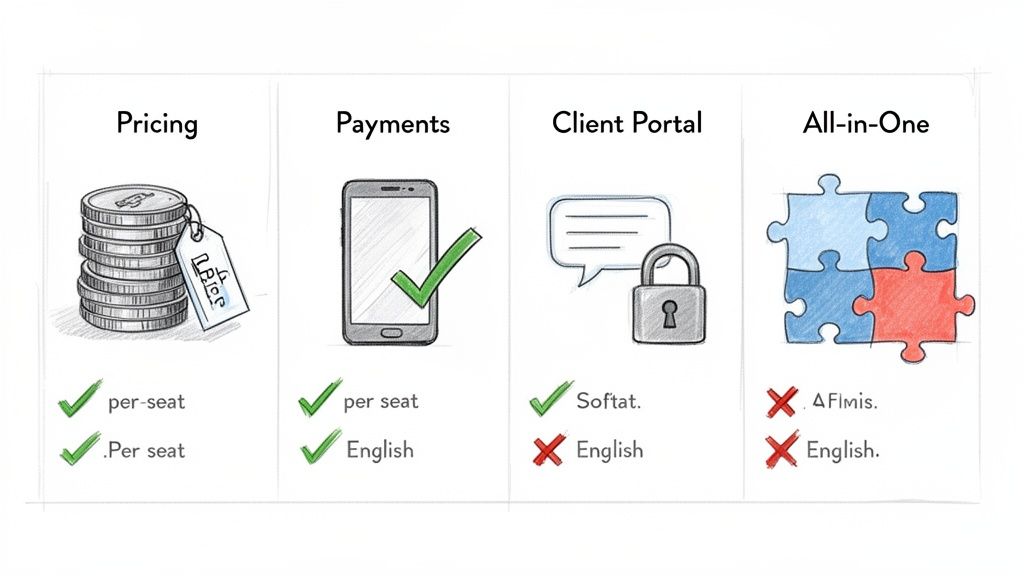 An illustrated comparison table highlighting features for pricing, payments, client portal, and all-in-one solutions.