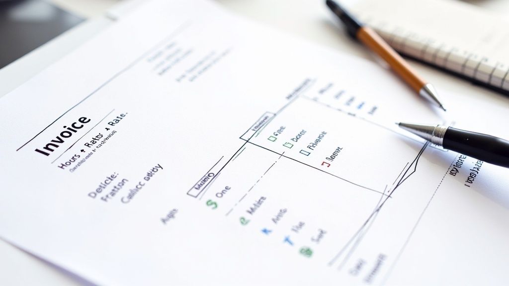 Close-up of an invoice document with handwritten sections and pens on a white table.