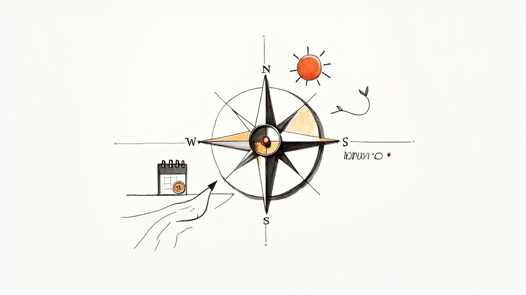 A detailed hand-drawn illustration featuring a compass, sun, sprout, calendar, and a path, symbolizing planning and growth.