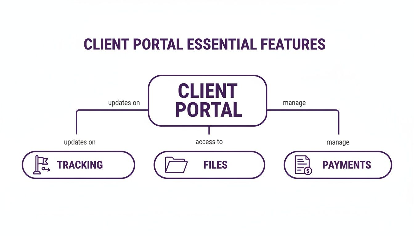 A mind map detailing essential client portal features, including tracking, files, and payments management.