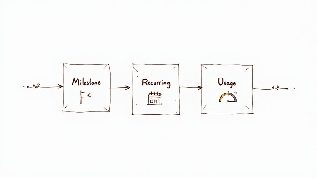 A hand-drawn flowchart illustrating a three-step business process: Milestone, Recurring, and Usage, with respective icons.