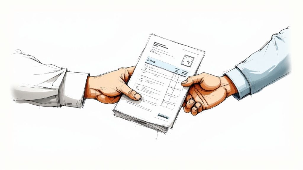 A professional checking financial documents on a laptop, representing a statement of account template in use.