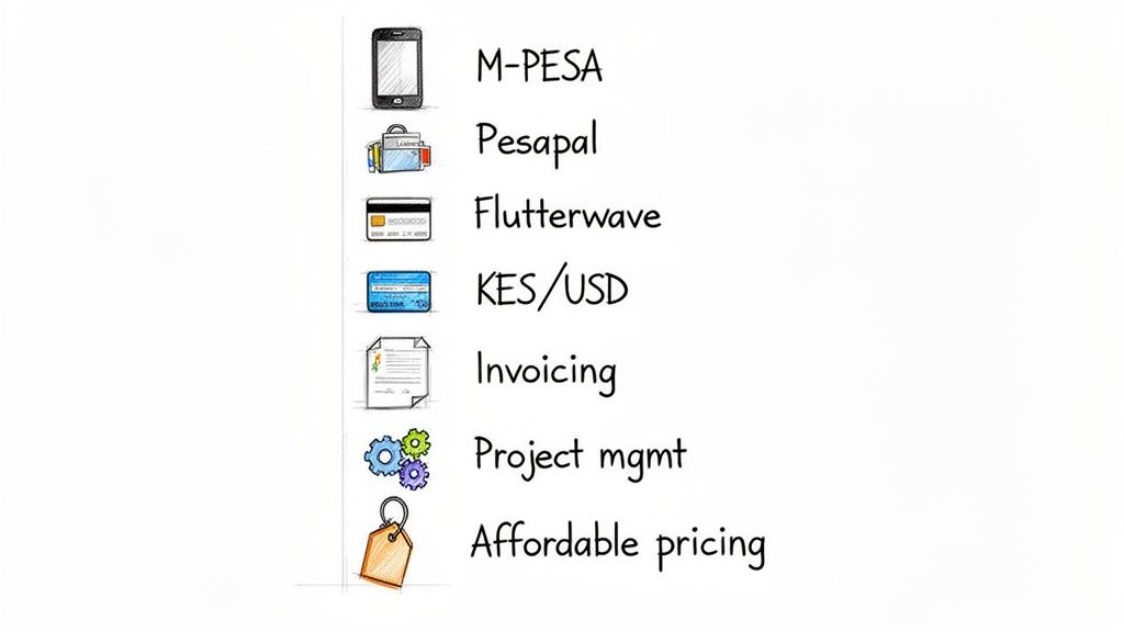 A list of business services and financial tools with icons for mobile payments, credit cards, invoicing, and project management.