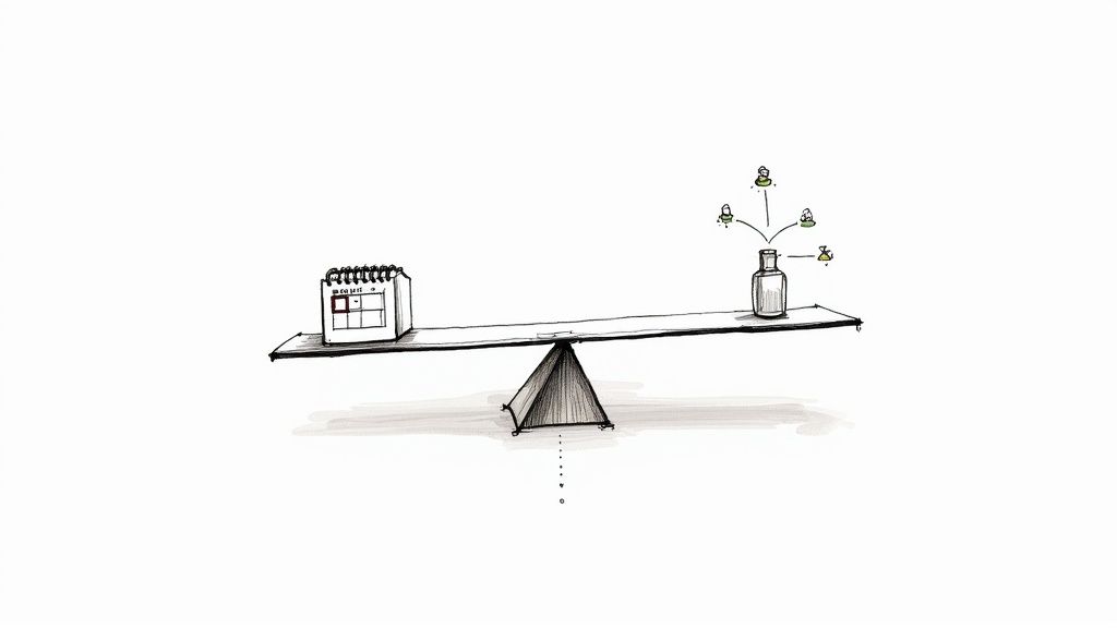 Seesaw balancing calendar and vase with flowers illustrating work life balance concept