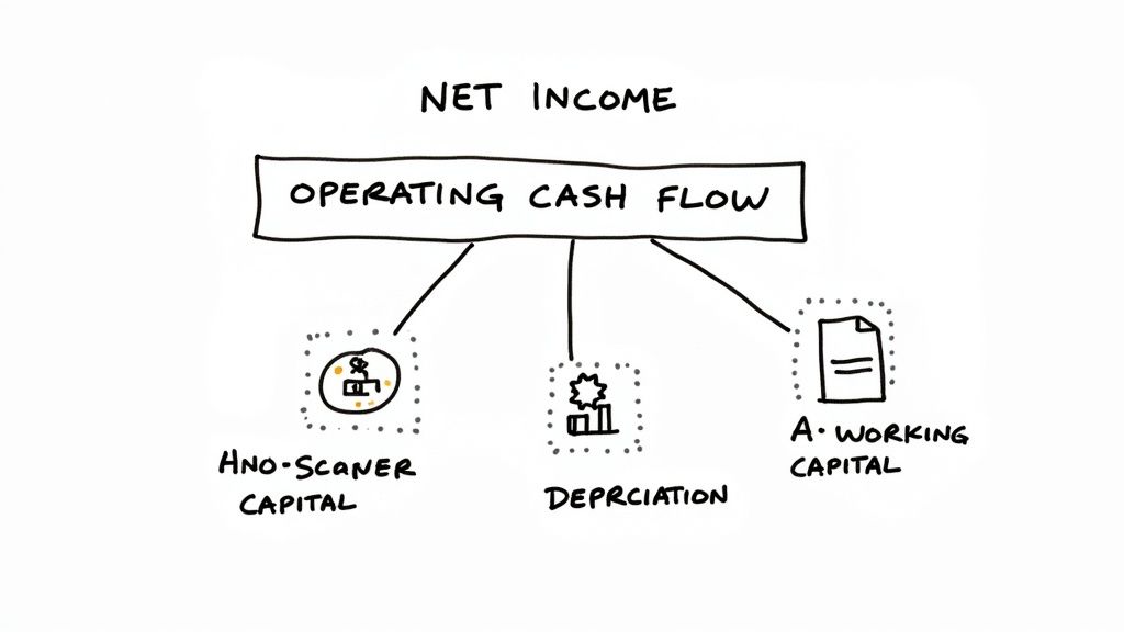 Diagram showing relationship between net income, operating cash flow, depreciation, and working capital adjustments