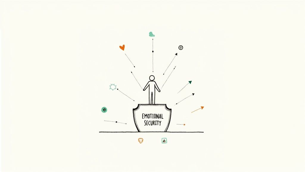 An illustration of a person on a shield labeled 'EMOTIONAL SECURITY', deflecting external influences.