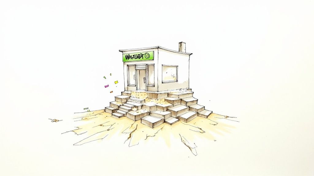 A cartoon illustration of a small building with a 'WhatsApp' sign on a complex staircase structure.