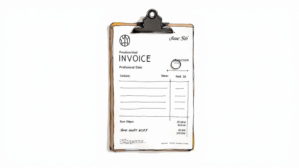 Hand-drawn invoice illustration on clipboard showing professional date, payment terms, and billing details