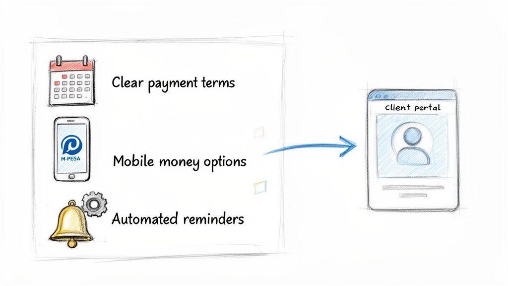 Diagram showing clear payment terms, mobile money options, and automated reminders leading to a client portal.