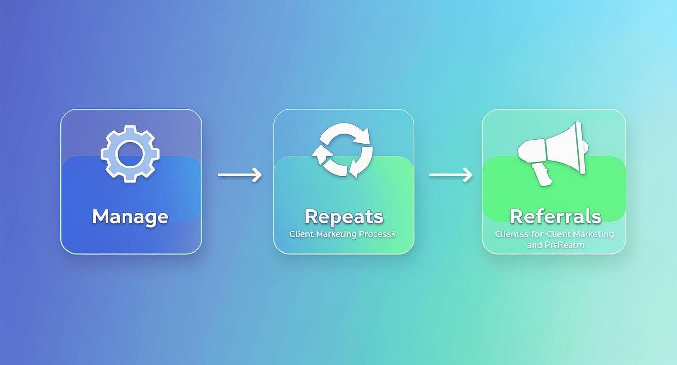 A diagram illustrates the client marketing process: Manage, Repeats, and Referrals, connected by arrows.