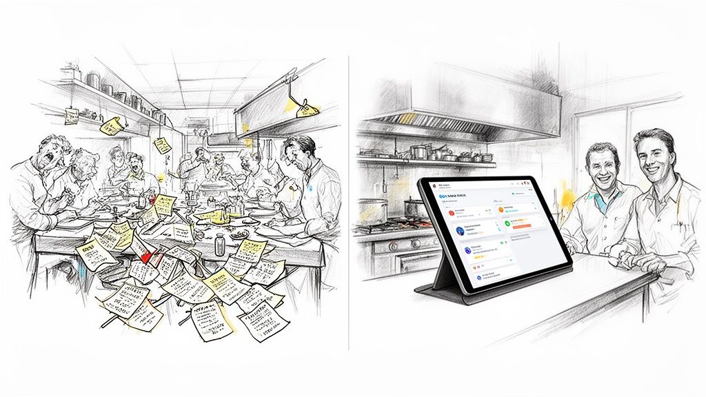 Side-by-side comparison of a chaotic, paper-filled kitchen with stressed chefs and a calm, digital kitchen with happy chefs using a tablet.