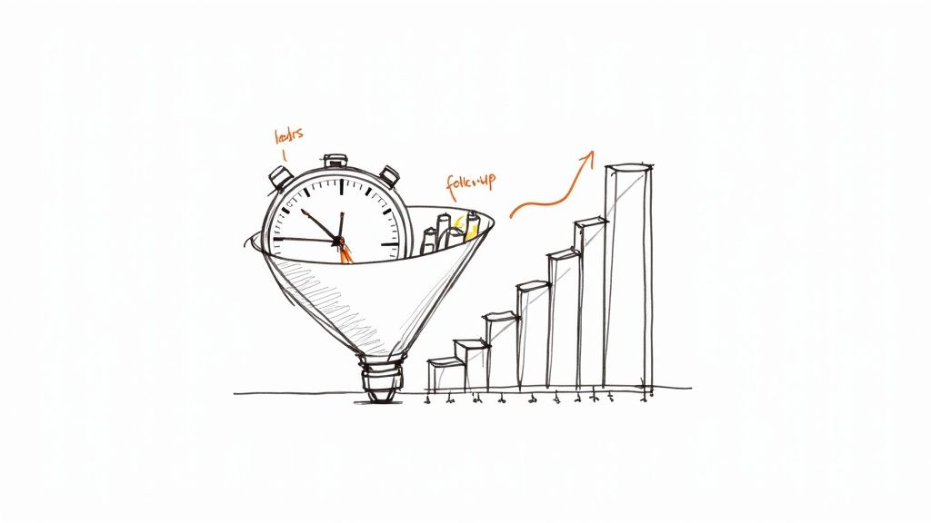 Sketch of a sales funnel with a stopwatch, showing leads and follow-up driving business growth.