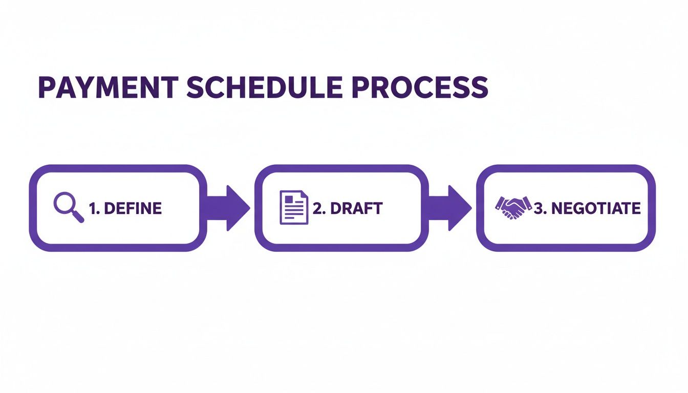 A three-step payment schedule process: Define, Draft, and Negotiate, illustrated with icons and arrows.
