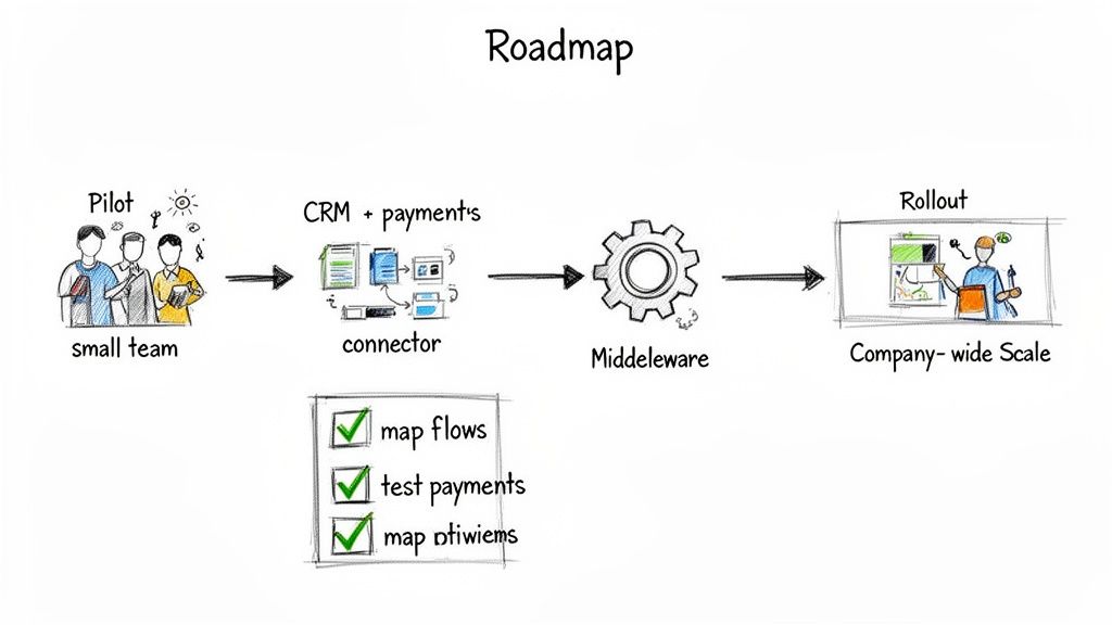 A hand-drawn roadmap visualizes stages: Pilot, CRM and payments connector, Middleware, and Rollout.