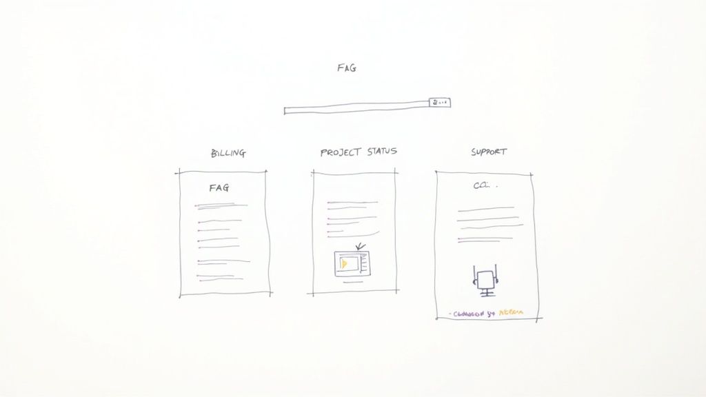 A whiteboard sketch illustrating business information categories: Billing FAQ, Project Status, and Support.