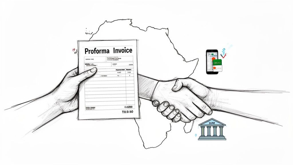 Illustration of a proforma invoice, handshake, mobile banking, and bank over map of Africa.