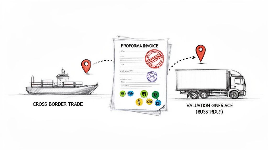 Sketch illustrating cross-border trade flow, from cargo ship to delivery truck, involving a proforma invoice.