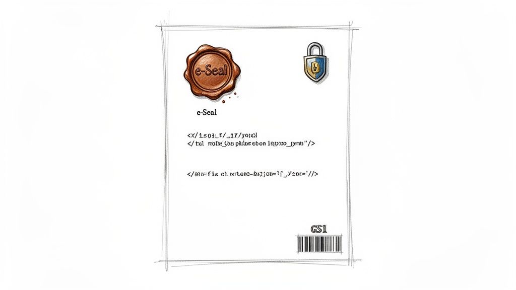 A sketch of a document featuring an 'e-Seal' wax stamp, a padlock, code snippets, and a GS1 barcode, symbolizing digital security.