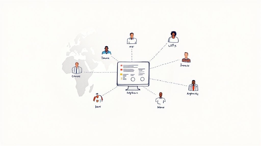 An illustration of diverse people globally connected to a central computer system, representing a worldwide network.