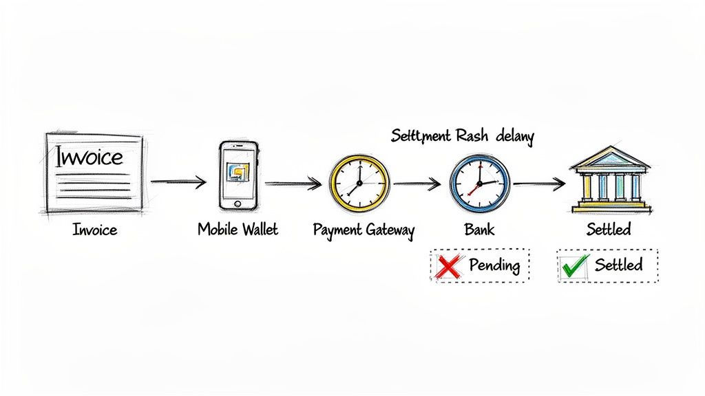 Diagram illustrating the digital payment settlement process from an invoice to a bank, including pending and settled states.