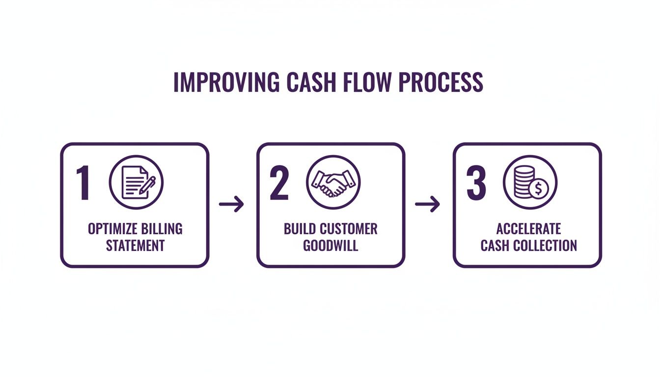 Three-step process diagram illustrating how to improve cash flow, optimize billing, and accelerate cash collection.