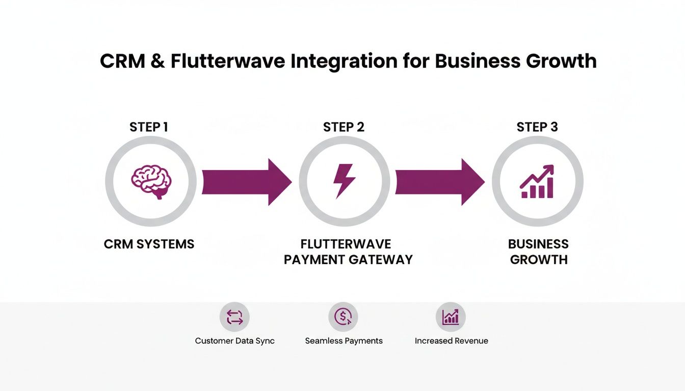 Diagram showing CRM systems integrating with Flutterwave payment gateway for business growth, highlighting data sync, seamless payments, and increased revenue.