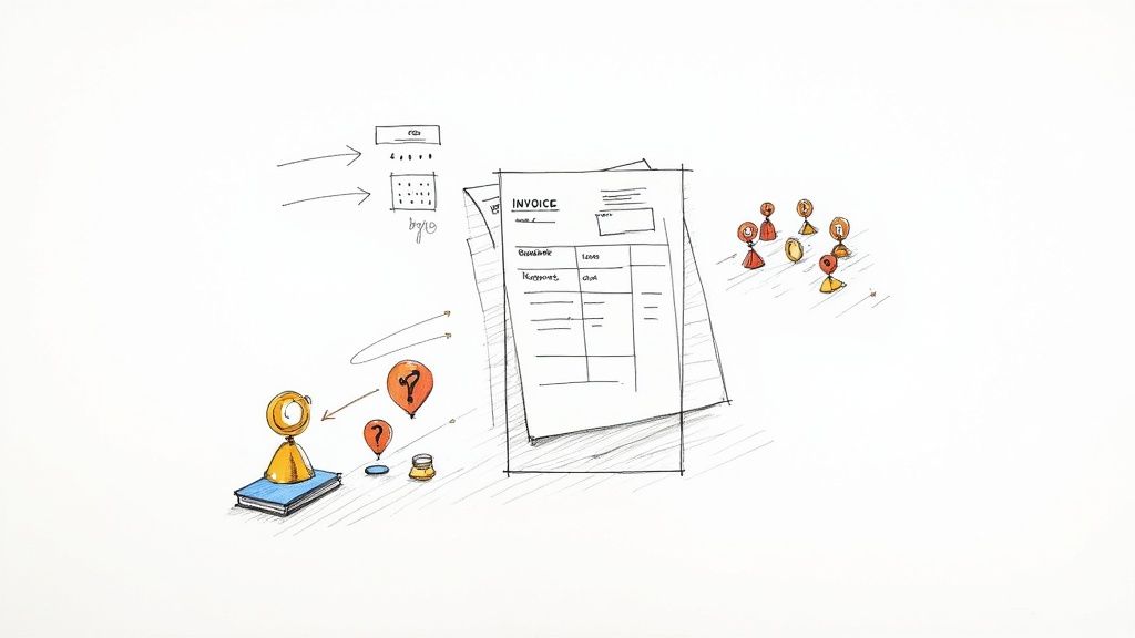 Sketch of business processes including invoices, a calendar, people, and question marks for problem-solving.