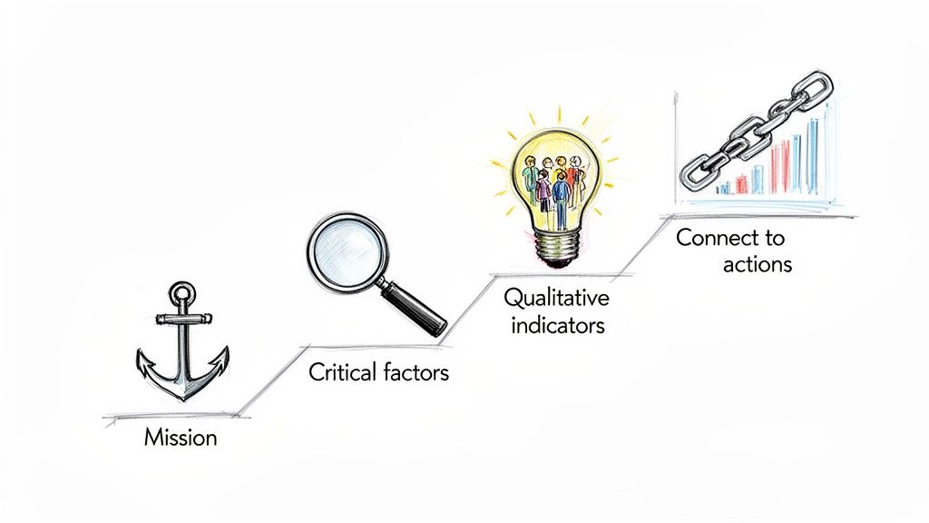 Hand-drawn diagram showing a four-step strategic process: Mission, Critical factors, Qualitative indicators, and Connect to actions.