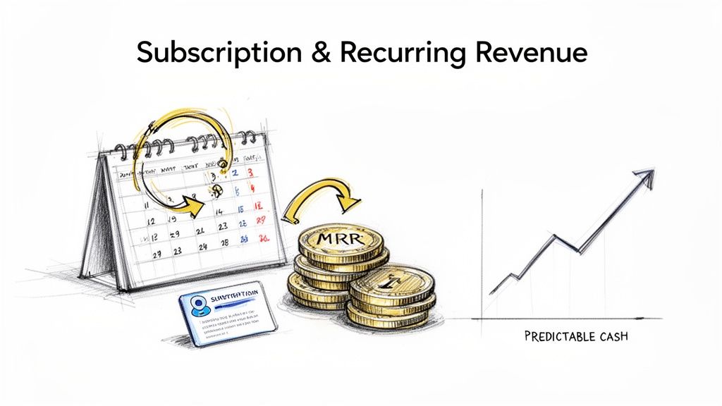 Illustration showing a calendar, MRR coins, a subscription card, and a graph indicating predictable cash flow from recurring revenue.