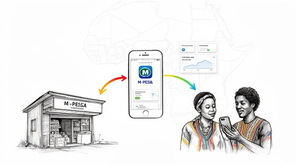 Illustration depicting M-PESA mobile money transactions, connecting a kiosk, app, and users.