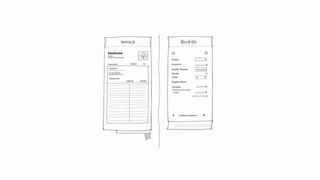 Side-by-side comparison sketch showing invoice format on left and receipt format on right