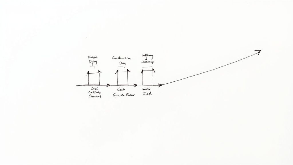 Hand-drawn diagram showing three stages of cash flow from customers through construction to investor cash