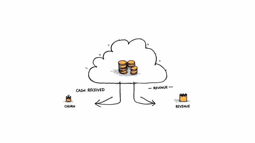 Cloud diagram showing cash flow with coins representing revenue and churn in business operations