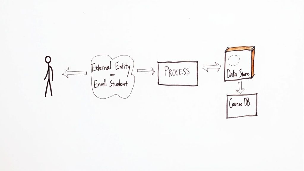 A graphic showing the four key symbols used in a data flow diagram.