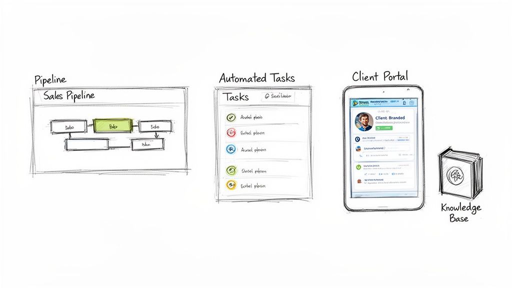 Diagram showing a sales pipeline, automated tasks list, client portal on mobile, and a knowledge base.