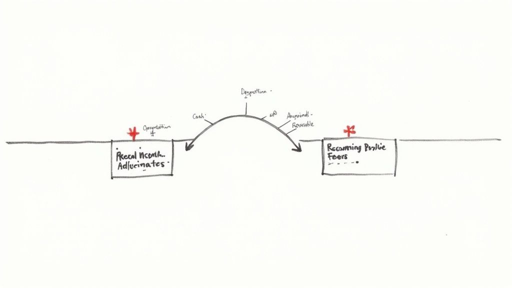 Hand-drawn diagram showing fiscal income adjustments and becoming prolific peers with cash and depreciation flow