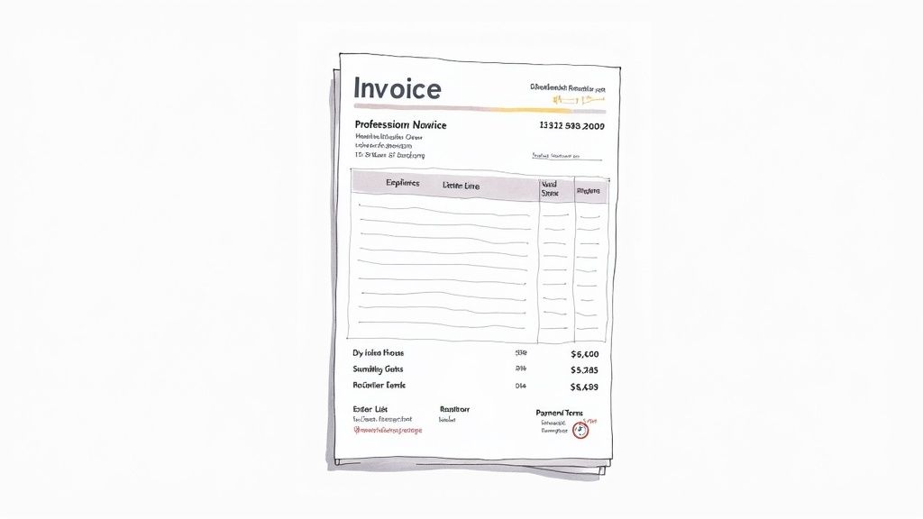 An annotated professional invoice showing key components like invoice number, client details, and itemised list