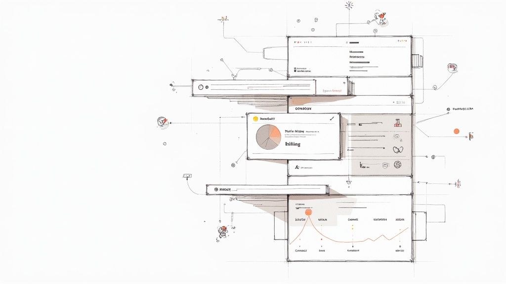 Technical wireframe diagram showing subscriber data management system interface with billing and analytics dashboards