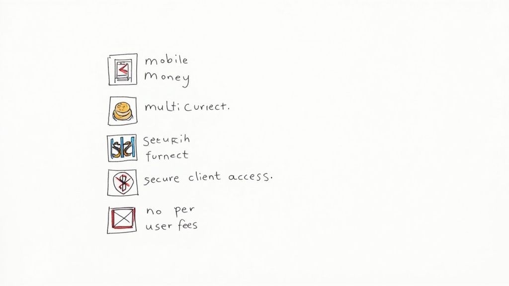 A handwritten list of five financial service features with hand-drawn icons.
