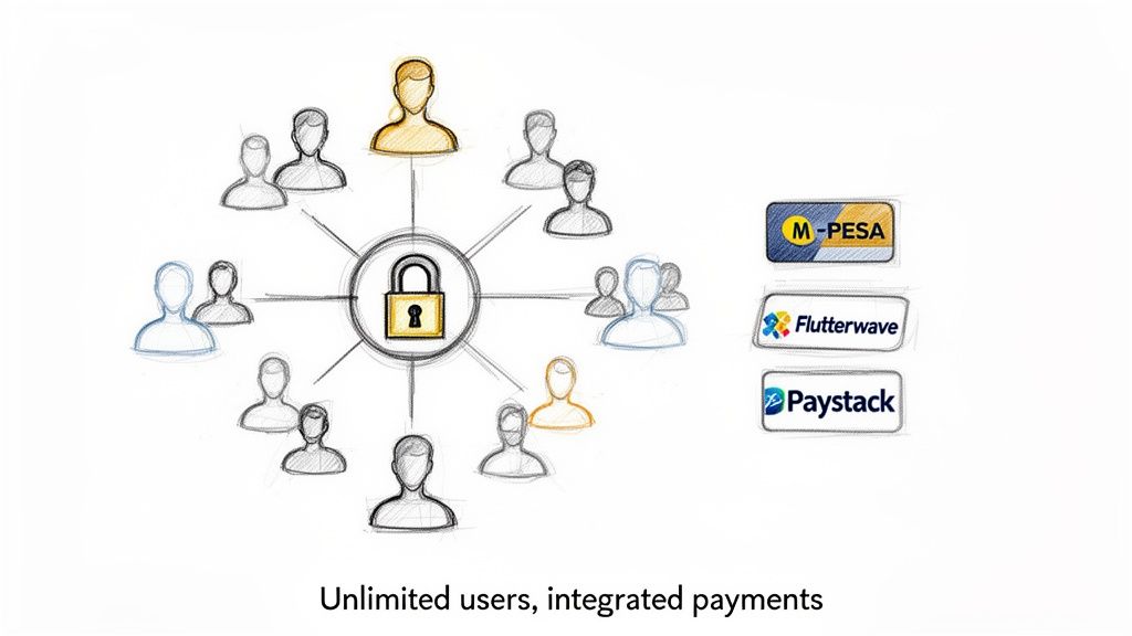 A hand-drawn sketch showing a secure network of unlimited users with integrated payment options M-PESA, Flutterwave, and Paystack.
